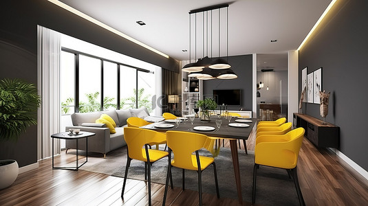 具有 3D 渲染的现代起居和用餐空间中奢华多彩的装饰