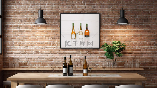 红白色海报背景图片_酒窖砖墙上展示的白色海报模型的 3D 渲染