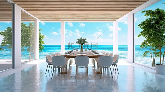 海边和花园背景的现代豪华家庭餐厅的 3D 插图