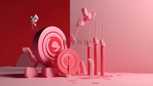 战略业务目标 3D 渲染红色靶心，带有箭头硬币和粉红色背景的增长图