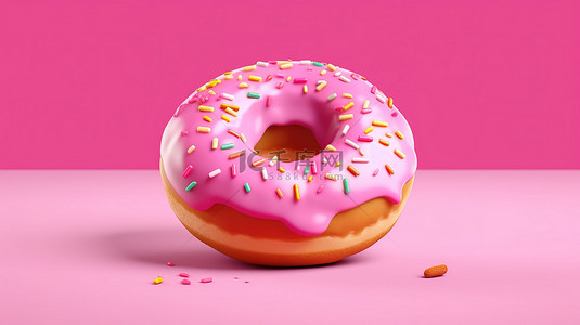 粉红色背景横幅上冰甜甜圈的 3D 渲染