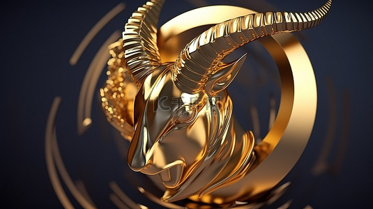 摩羯座黄道带标志的特写 3D 插图在光荣的金色
