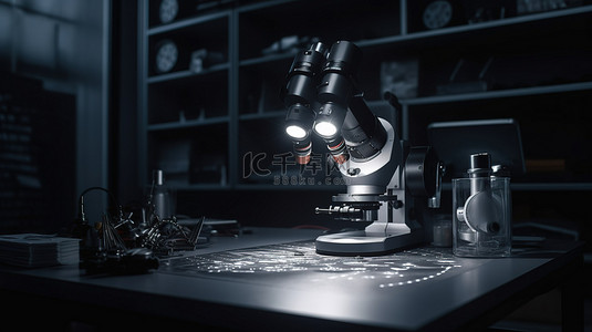 黑暗的实验室场景，机械臂在 3D 渲染中操作显微镜