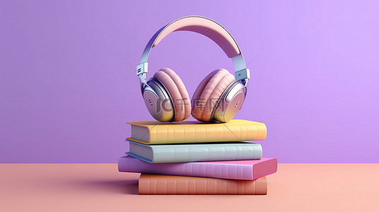 有声读物概念 3D 渲染耳机在柔和的紫色背景下一堆书顶上