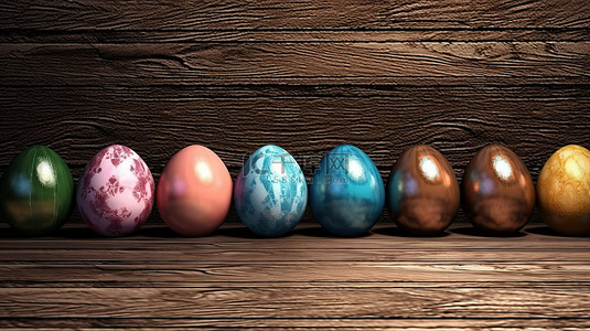 木制背景与复活节彩蛋 3D 渲染艺术