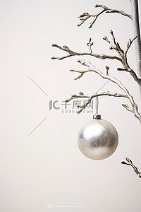 冬天的树枝背景图片_白墙旁边树枝上的圣诞装饰品
