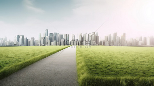 高速公路充满活力的 3D 图像，周围环绕着郁郁葱葱的绿草和城市天际线广告