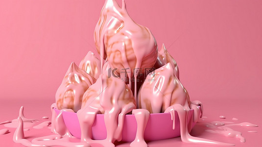 充满活力的粉红色背景上融化冰淇淋的夏季氛围 3d 渲染