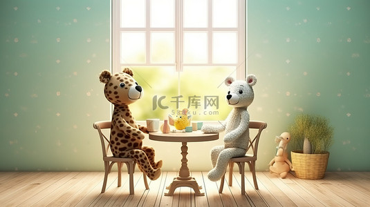 游戏室或用餐区的熊和长颈鹿娃娃的 3D 渲染