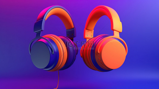 充满活力的蓝色和紫色背景图标插图上的 3D 复古橙色耳机