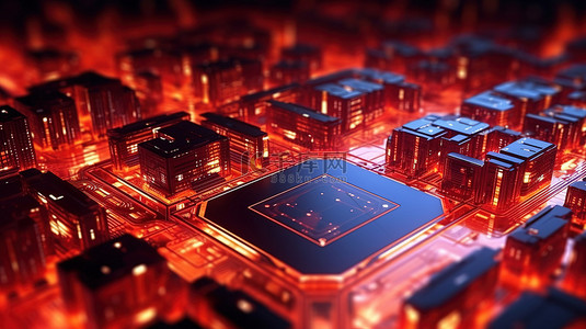 红色发光 3D 渲染芯片在网络空间中创建未来红外电路板城市