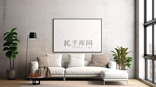 计算机图像背景图片_现代公寓内饰，配有样机海报框架 3D 渲染计算机图像