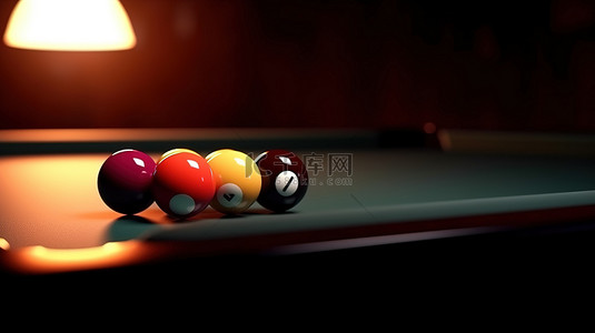 灯光昏暗的台球游戏玩家瞄准斯诺克台球桌上的白球的 3D 渲染