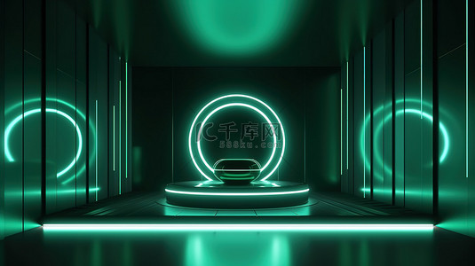 在 3D 渲染中用发光灯宣传豪华的绿色几何背景