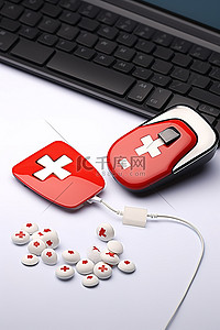 平板容器背景图片_连接到电脑鼠标的红十字平板电脑和药丸