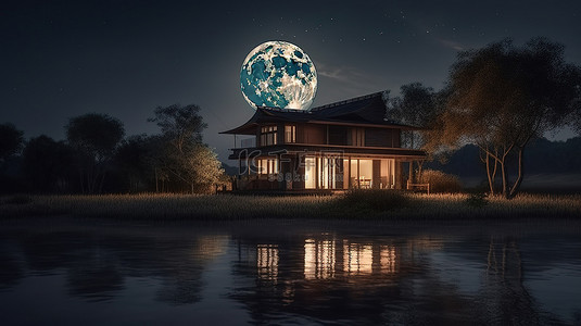 在 3D 渲染中，动画满月在湖上的山顶房子后面升起