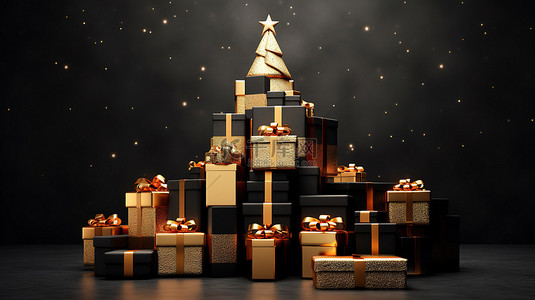 圣诞树和礼品盒的 3D 渲染，在节日背景下装饰着金色蝴蝶结和丝带