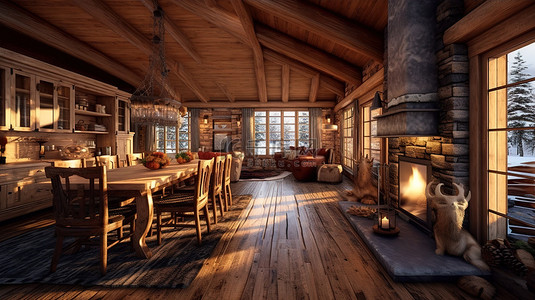冬季仙境豪华小木屋，配有舒适的用餐区壁炉木地板和厨房 3D 渲染