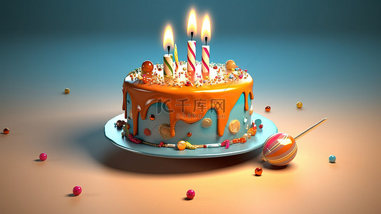 点燃蜡烛的生日蛋糕的 3D 插图
