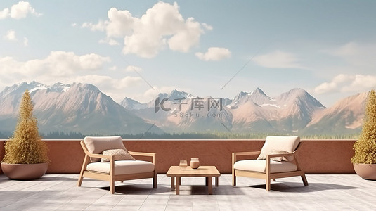 令人惊叹的山景照亮了带座椅的最小户外休息室露台 3D 插图渲染