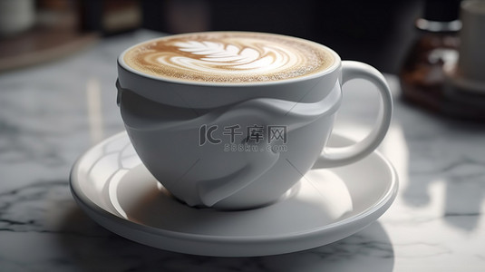 在白色陶瓷咖啡杯上关闭拿铁艺术的 3D 渲染