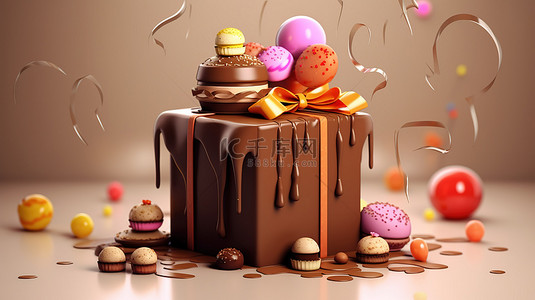 3d 巧克力蛋糕和礼品盒插图庆祝快乐的生日