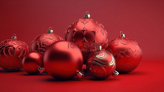 红色冬季背景背景图片_红色冬季背景下 3D 渲染的节日圣诞装饰品