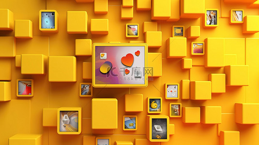 黄色背景下社交媒体框架的充满活力的 3D 插图