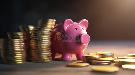 省钱节背景图片_存钱罐和堆叠硬币的省钱概念 3D 渲染，供未来退休使用