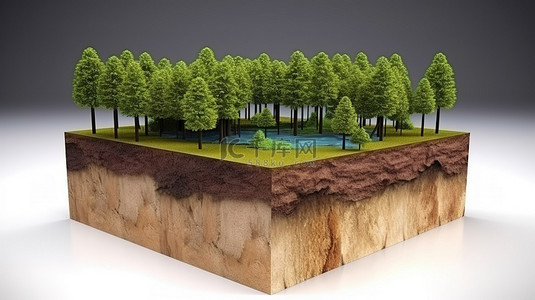 令人惊叹的森林景观横截面 3d 立方体设计展示树木土壤地质