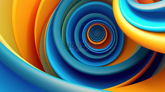 充满活力的 3D 螺旋插图，蓝色橙色和黄色，带有圆形形状