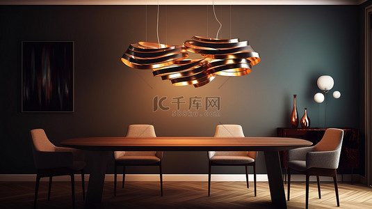 吊灯餐厅背景图片_餐厅概念的 3D 渲染，配有奢华的螺旋吊灯和优雅的餐桌