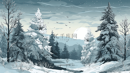 蓝色树林背景图片_冬天树林雪景插图