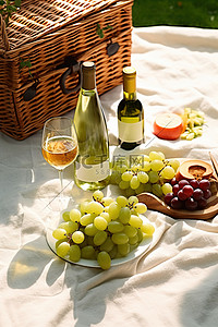 野餐，酒和水果放在地板上