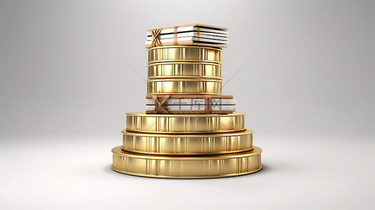 金色奖杯装饰着书籍作为白色背景 3D 渲染上的腰带