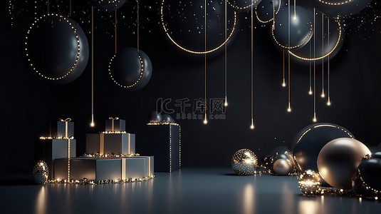 3d 渲染中豪华礼品背景的垂直场景，带有气球 LED 环形灯和闪亮的星星