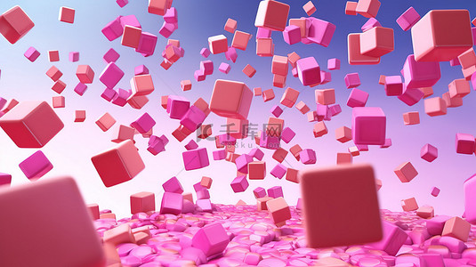 色块红色背景图片_粉红色背景上飞行中充满活力的立方体抽象 3D 插图