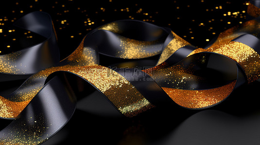 黑色闪光背景上闪闪发光的金属丝带的 3D 插图