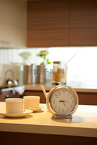 手抓面饼背景图片_有两个盘子和两个闹钟的现代厨房