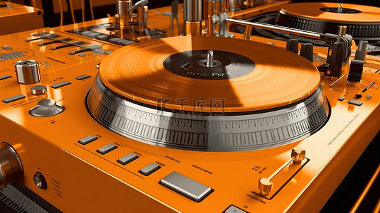 玩大转盘背景图片_橙色单色工作室 dj 转盘混音器设备的 3d 渲染