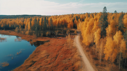 农村和城市背景图片_从无人机的角度3D渲染芬兰乡村道路森林和湖泊的秋季鸟瞰图