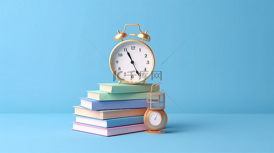蓝色背景与书籍和时钟描绘 3d 教育概念
