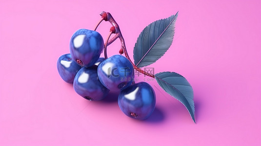 充满活力的双色调蓝色樱桃与郁郁葱葱的叶子在 3d 创建的柔和的粉红色背景上