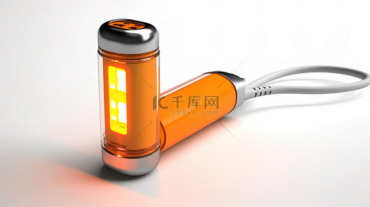 usb灯led背景图片_带有橙色 LED USB 灯和电源组的白色背景的 3D 渲染