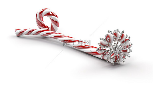 3d 渲染白色背景，配有圣诞棒棒糖和雪花