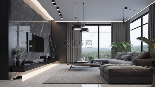 液晶电视背景图片_现代客厅配有 3D 视觉效果的高科技智能电视