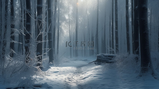 蓝色水彩背景图片_下雪冬季树林背景