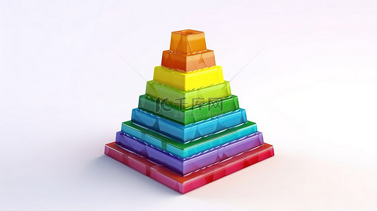 3D 渲染的白色背景儿童彩虹色塑料金字塔玩具