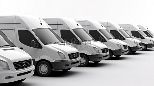 白色货车背景图片_一组停在白色背景上的纯白色货车的 3D 插图