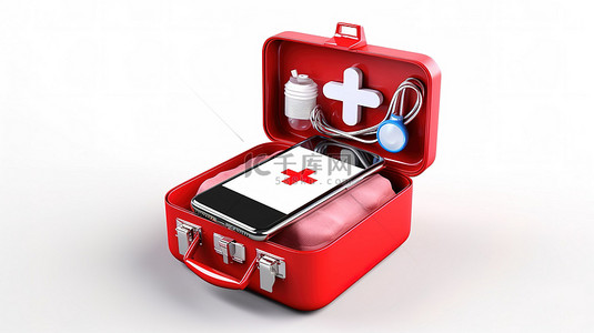 医生的手背景图片_白色背景下急救箱和电话的 3D 孤立插图